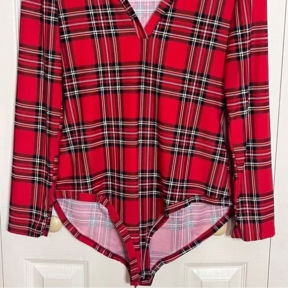 LA Gypsy Red Plaid V Neck Long Sleeve Bodysuit Plus Size 1X - Picture 6 of 16